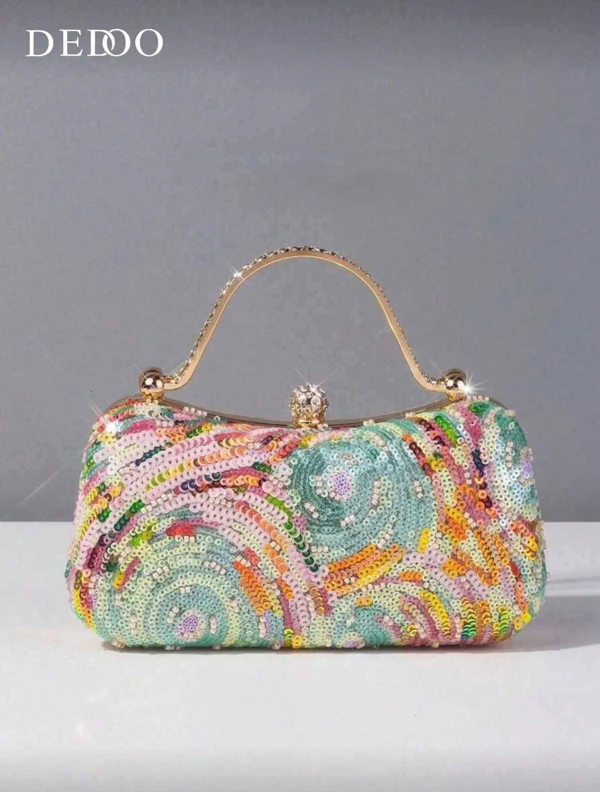 Women Colorful Swirl Sequin Evening Handbag, Rhinestone Embellished Metal Handle Kiss Lock Clutch, Wedding Party Prom Formal Crossbody Purse for Evening Dress