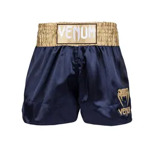 Venum Classic Muay Thai Shorts - Navy Blue/Gold - Made in Thailand, Light and Flexible Polyester, Side Slits, Venum Logo, Tailor Fit or Looser Fit