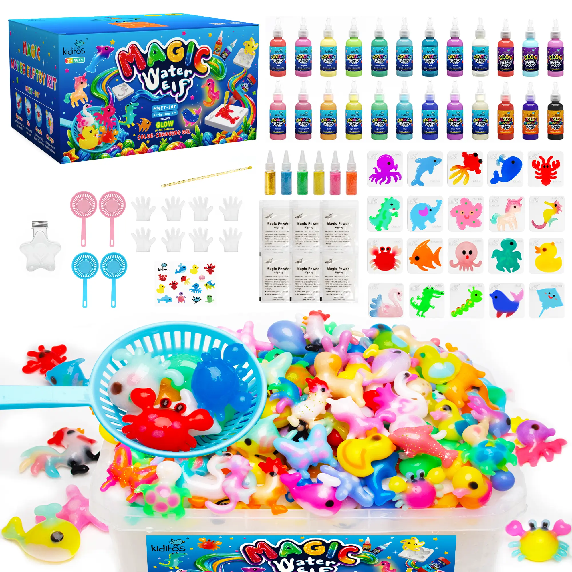 Kiditos Magic Water Elf Crafting Kit (Model 30T) - 24 Magic Gels, 6 Glitter Powders, 20 Molds, Kids Toys for Ages 3+, DIY Handmade Craft, Summer Science Activity, Birthday Gift