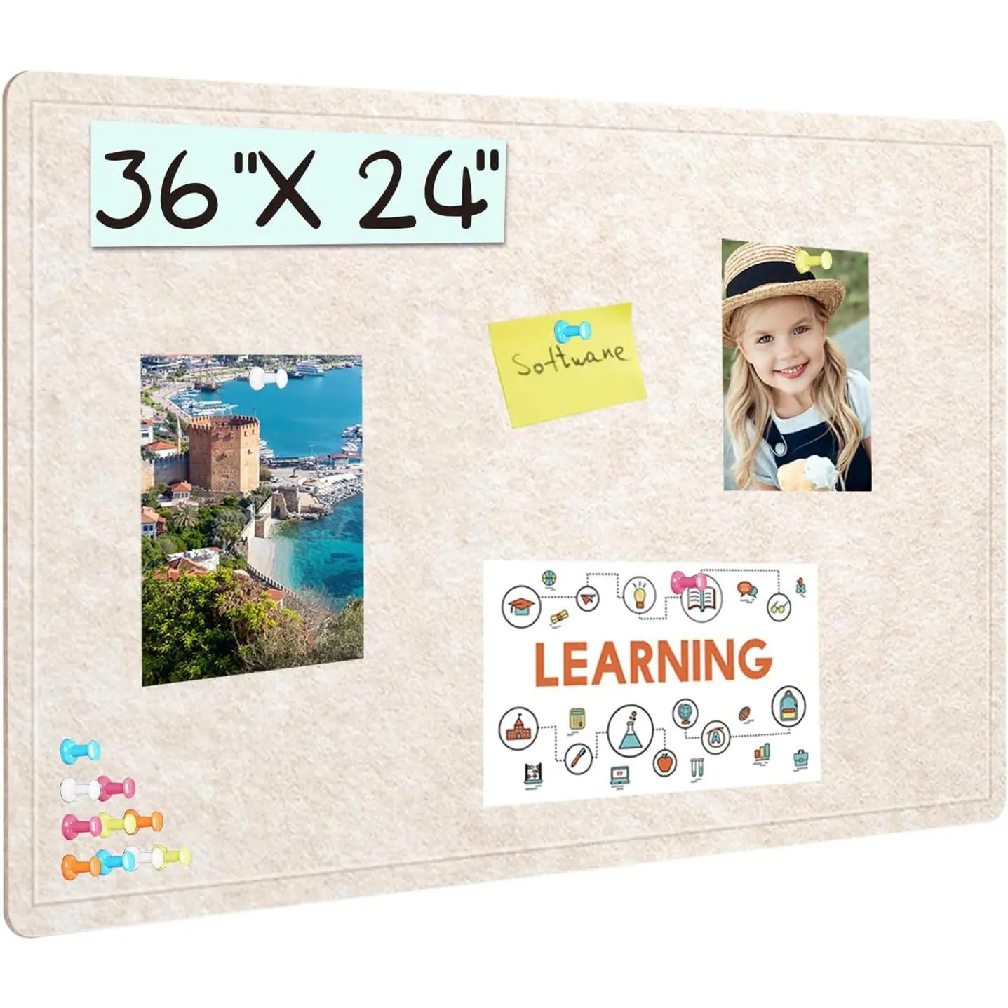 Bulletin Board, 36 X 24 inches Cork Board with 20 Pushpin, Felt Cork Board Notice Pin Board, Self-Adhesive Vision Board Mood Board Foldable Photo Board for Wall - Oatmeal