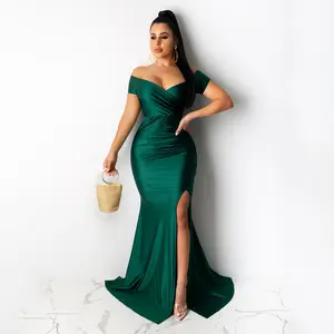 Women's Off-Shoulder High-Slit Fishtail Formal Dress, Below Ankle Length Style with Elegant Alluring Pure Design for Nightclub Occasions - Womenswear