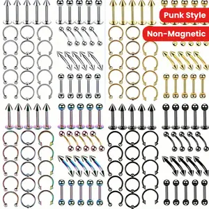 A set of 160 stainless steel perforated jewelry sets, featuring punk style mixed levers, rings, and earrings, suitable for eyebrows, tongue, lips, ears, nose, non-magnetic, men's and women's perforated jewelry sets