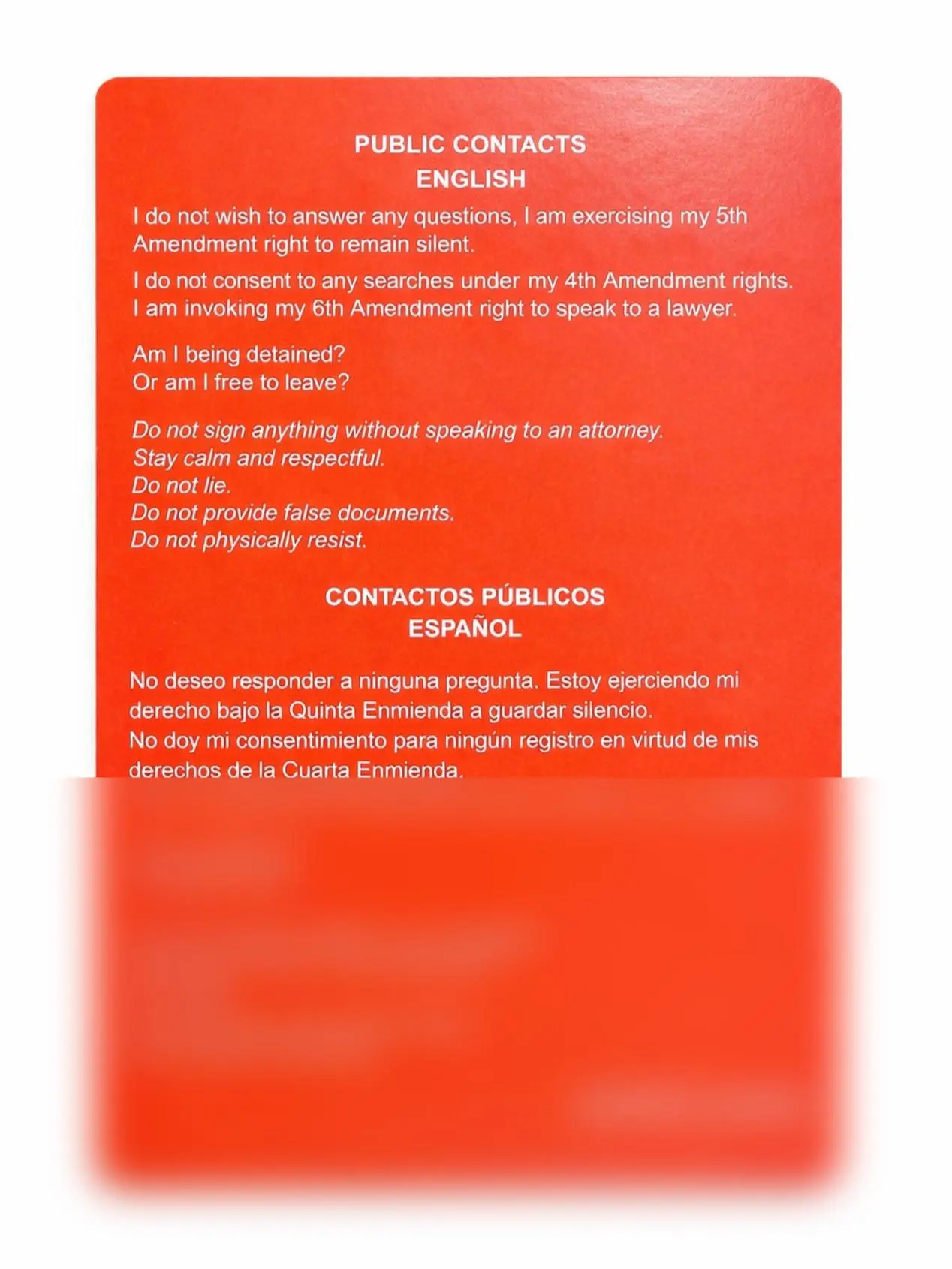 Sgto Sarabia Red Card Know Your Constitutional Rights Card (English/Spanish) | Residential & Public Contacts | Durable Bilingual Rights Card