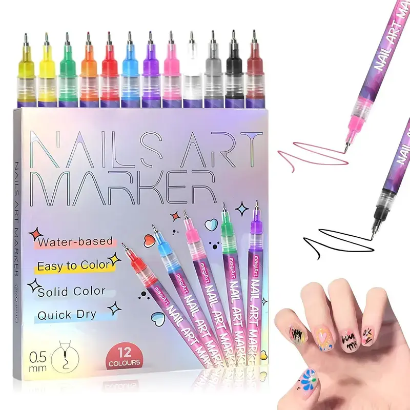 12 Colors Water-Based Nail Art Pens Set - 0.5MM 3D Quick-Dry Markers, Colorful Nail Products, for DIY Manicure Graffiti Dotting, 2025 Solid Color Tools & Accessories, Nail Art Markers