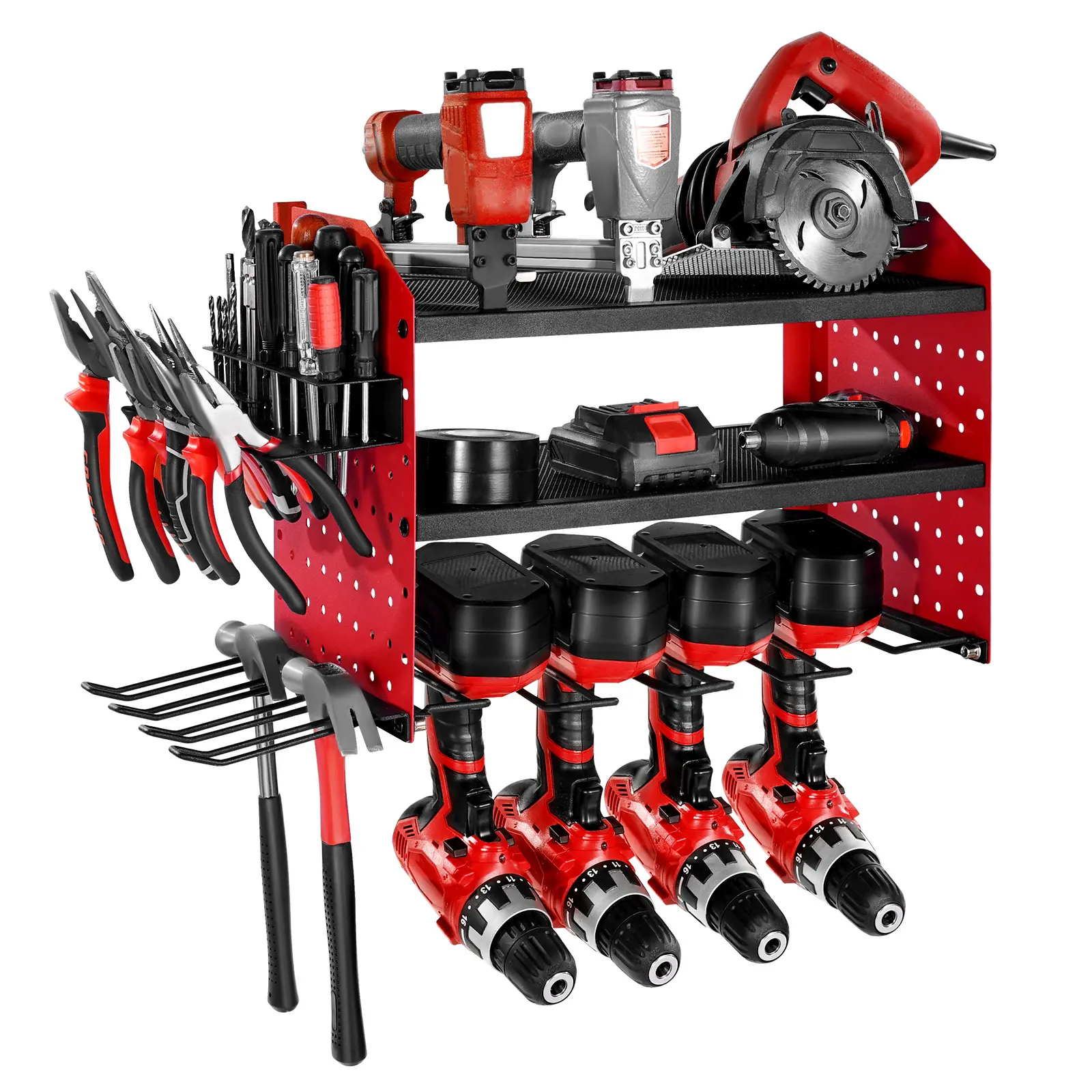 【Summerfinds】VEVOR Carbon Steel Wall-Mount Power Tool Organizer, 3-Layer Adjustable Shelf Rack (33 lbs per Tier, 23.31 x 8.66 x 12.01 inches, 100 lbs Capacity) with 4 Drill Holders, Side Mesh Shelves, Pegboard Hooks, Fits Large Batteries for DIY Lovers