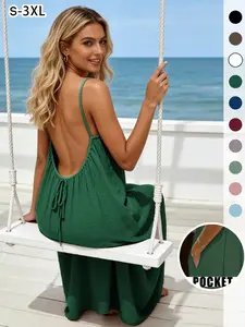 New Women's Backless Loose Fit Dress Pocketed Sleeveless Sleepwear Sexy Beach Cover-Up Swimwear Cover Up Multiple Colors