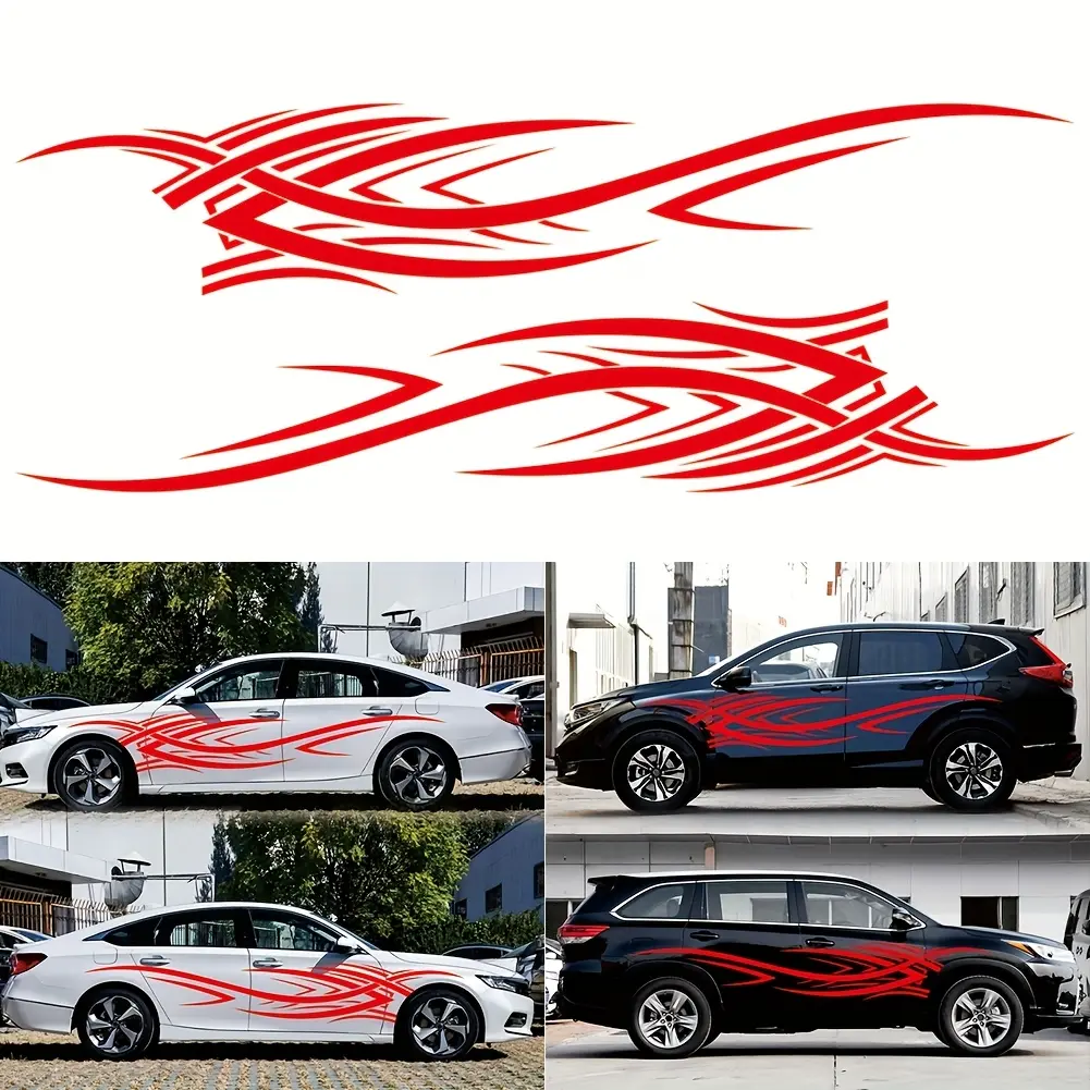 2pcs Car Sticker Decals - Flame Graphic Line Design For Fender, Body, And Door Decoration, Durable Vinyl Automotive Accessories