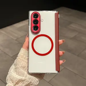 Electroplated Clear Magnetic Wireless Charging Case for Samsung Galaxy Z Fold7  Full-Body Protection with Spliced Leather Hinge   Built-in 3-Side HD Screen Protector Shockproof Foldable Phone Cover