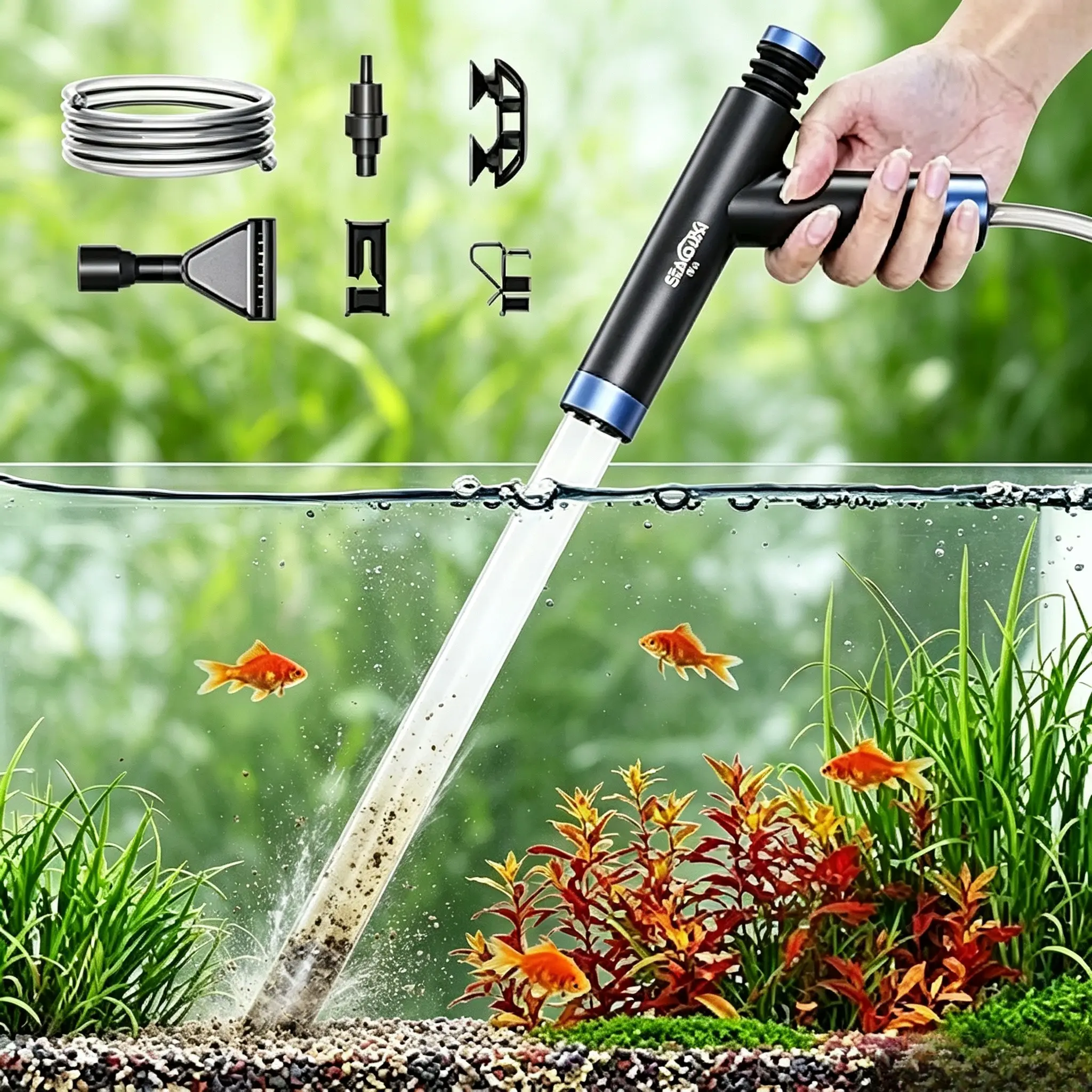 SEAOURA Aquarium Gravel Cleaner Manual Fish Tank Siphon Vacuum with Air Push Button Multifunctional Water Changer Kit for Washing Sand Sucking Fish Waste Quick Aquarium Substrate Cleaning for Freshwater Fish Tank Maintenance