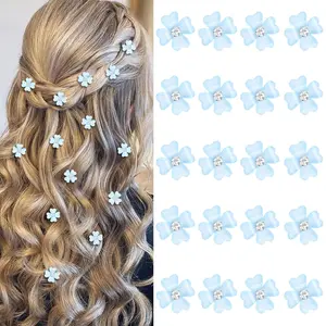 20 count Mini Blue Flower Hair Clips with Rhinestone Cute Hair Pins Decorative Hair Clips Wedding Hair Barrettes Bridal Hair Accessories for Girls Women