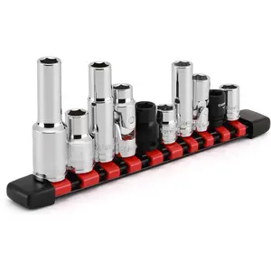 10- Impact Socket & Flex Socket Set - 10mm, 1/4" & 3/8" & 1/2" Drive, 6-Point,  Impact Sockets, with Storage Rail