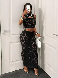Women's Plus Size Sexy Hollow Back Geometric Crop Top Set, Two-Piece with Halter Neck & Bodycon Skirt, Trendy Summer Fashion
