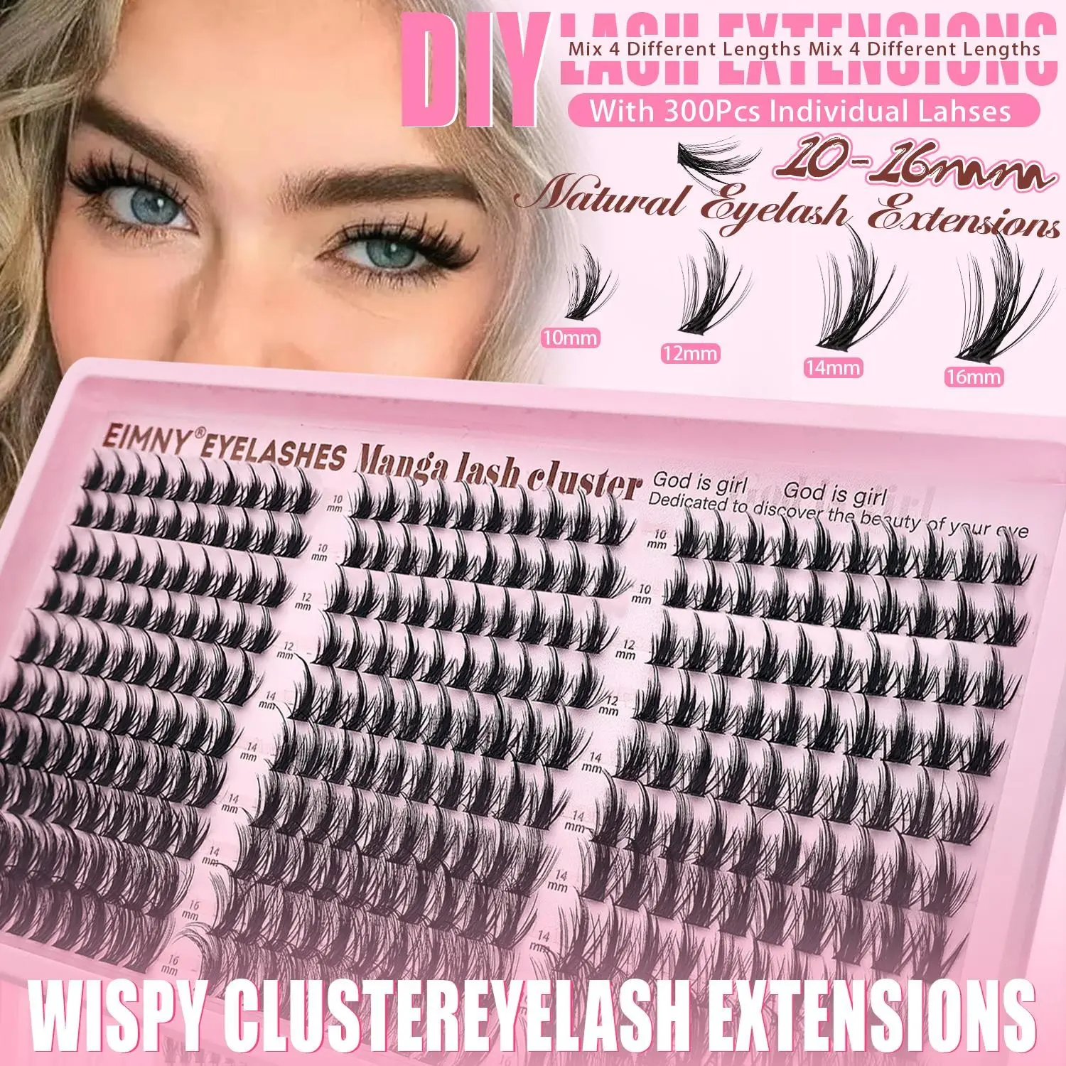 Eimny 300 Pcs Manga Lash Clusters Kit, DIY Eyelash Set, DIY Makeup Lashes, Natural Wispy Fluffy Individual Lashes, DIY Volume Eyelashes, CC Curl 10-16mm, Soft Lightweight, Beginners Friendly, Volumized False Eyelashes