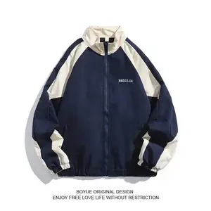 Japanese style tri color contrast collage stand up collar jacket for men's spring and autumn fashion brand casual jacket aesthetic blue