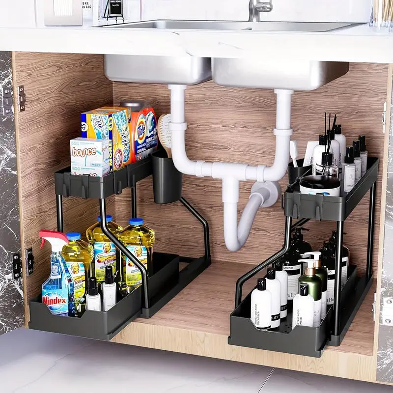 2-Tier Black Under Sink Storage Organizer with Easy Access Drawers, Large Capacity Multi-Tiered Sink Rack Shelving & Storage, Bathroom Organizing Accessories for Kitchen Cabinet Pantry - Under Cabinet Rack Accessories for Household Essentials, Over Sink S