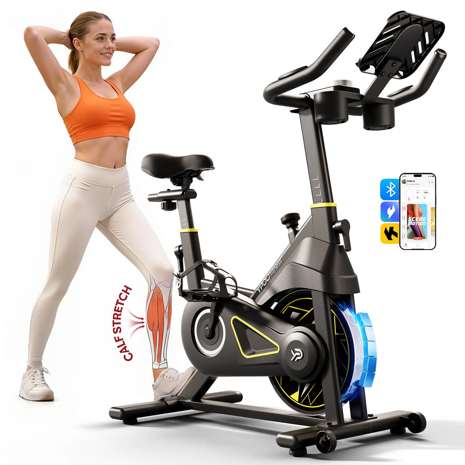 YPOO Quiet Belt Driven Steel Frame Compact Exercise Bike - Home Gym Cycling Equipment with Stable Durable Structure, Comfortable Adjustable Seat, Bluetooth App Connection, LCD Display, Tablet Mount, Real-Time Tracking for Apartment Use, Mother's Day Gift,