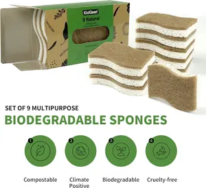 9 Pack Biodegradable Natural Kitchen Sponge - Compostable Cellulose and Coconut Walnut Scrubber Sponge - Eco Friendly Sustainable Sponges for Dishes Cleaning Plastic