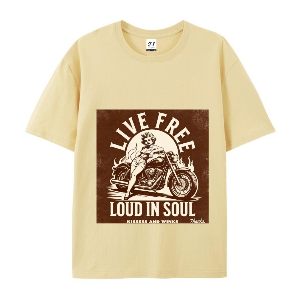 Live Free Loud In Soul Retro Biker Graphic Tee Vintage Motorcycle Pin Up Print Casual Streetwear For Men
