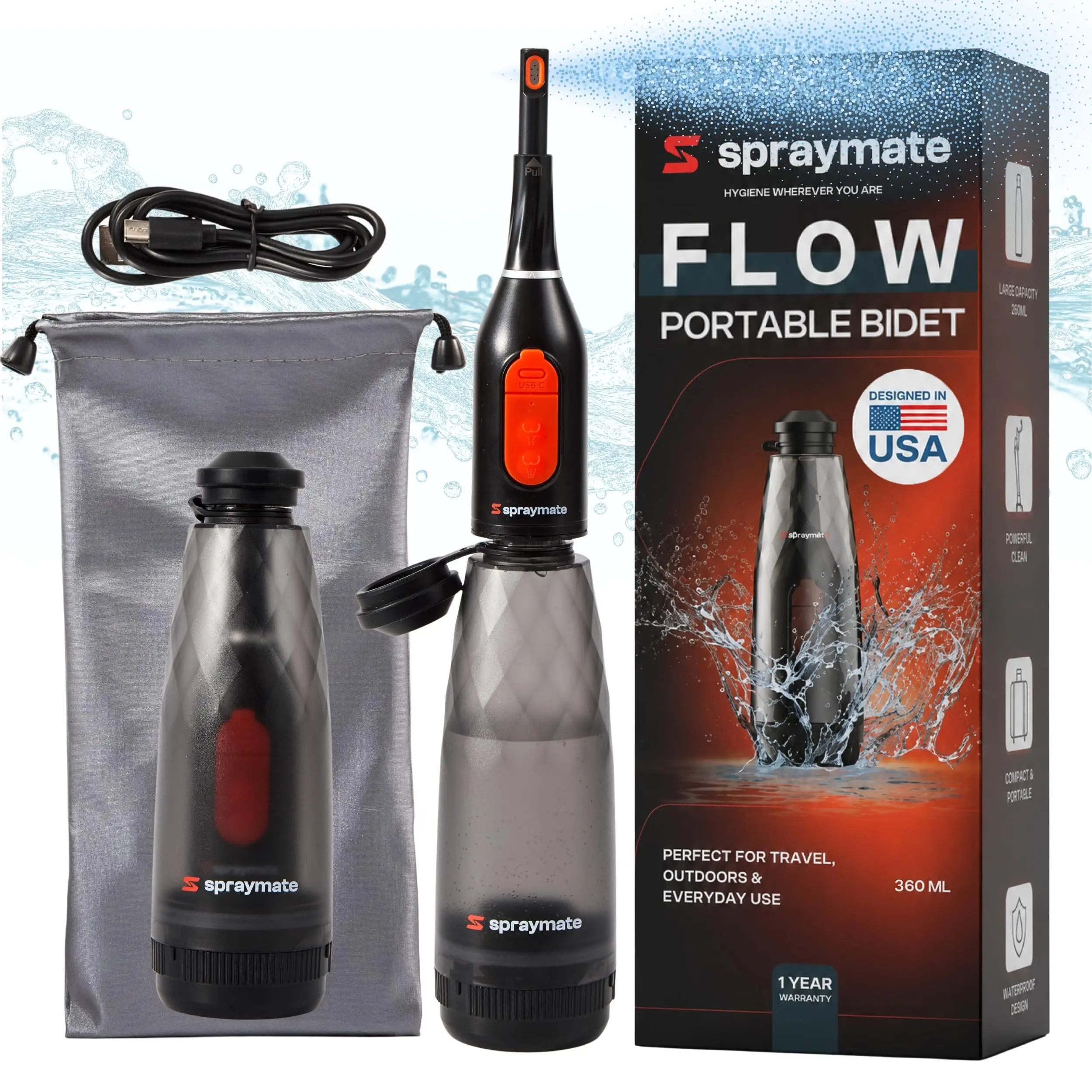 Portable Bidet for Travel & Camping – Electric Gentle Pressure Rechargeable Bidet for Women & Men | 360ML Bottle | 460ML/Min Flow | USB-C | 450mAh Battery | USA Brand – Spray Mate Flow