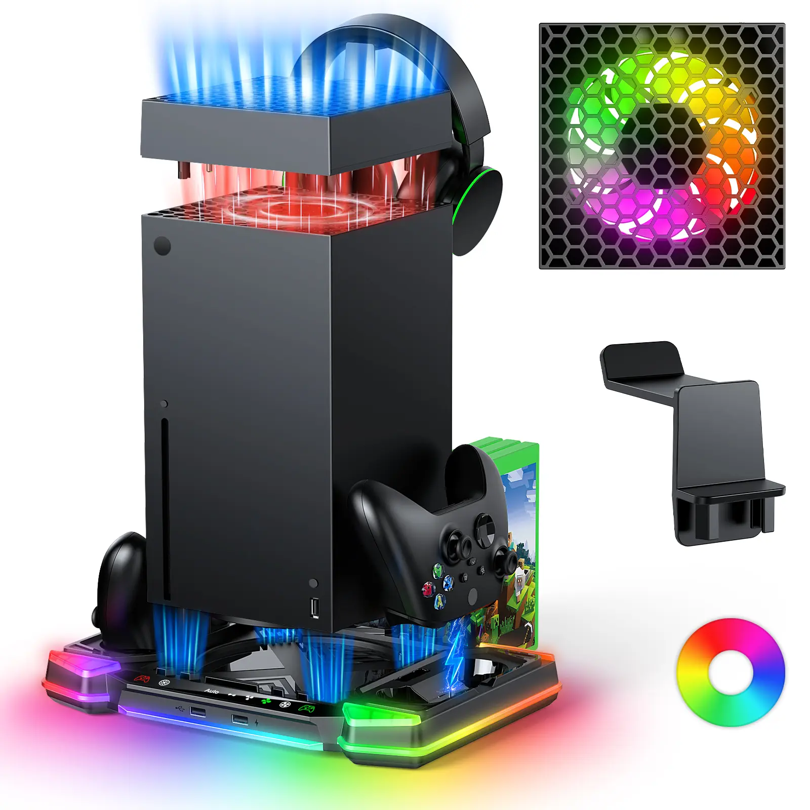 Top-level automatic cooling fan and charging base specifically for Xbox Series X console, 11 lighting modes, with accessories, wireless charging base, headset stand and game disc storage space
