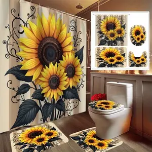 Sunflower festive bouquet pattern shower curtain set, non-slip mat, U-shaped rug, toilet seat cover, perfect for bathroom decoration, beautifies the space, includes 12 shower curtain hooks, Bathroom Decoration Accessories