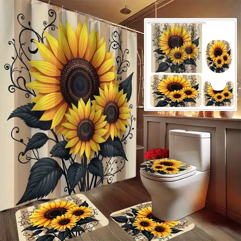 Sunflower festive bouquet pattern shower curtain set, non-slip mat, U-shaped rug, toilet seat cover, perfect for bathroom decoration, beautifies the space, includes 12 shower curtain hooks, Bathroom Decoration Accessories