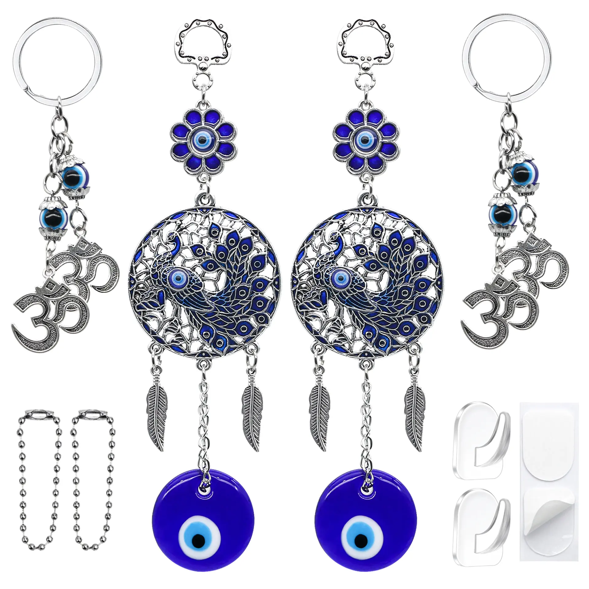 4-Pack Unisex Fashionable Alloy Evil Eye Keychain Pendant Set - Turkish Nazar Amulet Boncugu, Peacock, Hindu OM Hanging Decor for Car, Room, Home Window Door Entryway Shrine (Spiritual Diwali Ornaments)