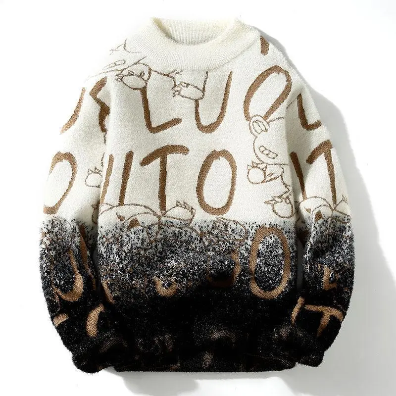 Men's Mock Neck Knitted Sweater Fashion Letter Knitting Pullovers Men Autumn Winter Daily Casual Warm Pullover Sweaters Man