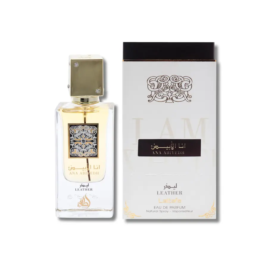 Lattafa Ana Abiyedh Leather Eau De Parfum, Aromatic Amberwood Fragrance with Leather & Cardamom Notes, Unisex EDP Spray, 2.0 fl.oz, Arabic Inspired Scent, Edp Cologne Spray, Adults, 2 Fl Oz, Spicy Woody, Amber Musk Trail, Ginger, 2Oz