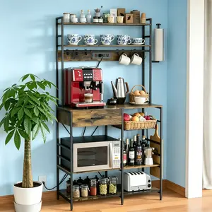 [HUOMAQFAN] 6-Tier Brown Kitchen Baker's Rack with Power Outlet, Adjustable Shelves, Drawer, Pull-Out Baskets, Microwave Coffee Bar Stand, Paper Towel Holder, and 12 Hooks (Large Size)