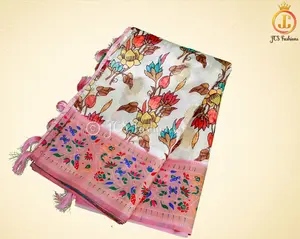 Soft Silk Kalamkari Pattu Saree, Paithani border, Ready to wear blouse,