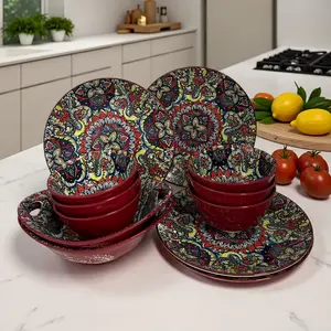 Boho Style Ceramic Dinnerware Set, 12-Piece Durable & Stylish Design, Microwave Safe, Dishwasher Friendly, Perfect Gift Idea
