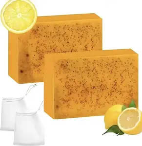 Natural Turmeric & Kojic Brightening Soap Set, 2 Pack Handmade Bar Soap with Mesh Storage Bag, Facial and Body Cleansing