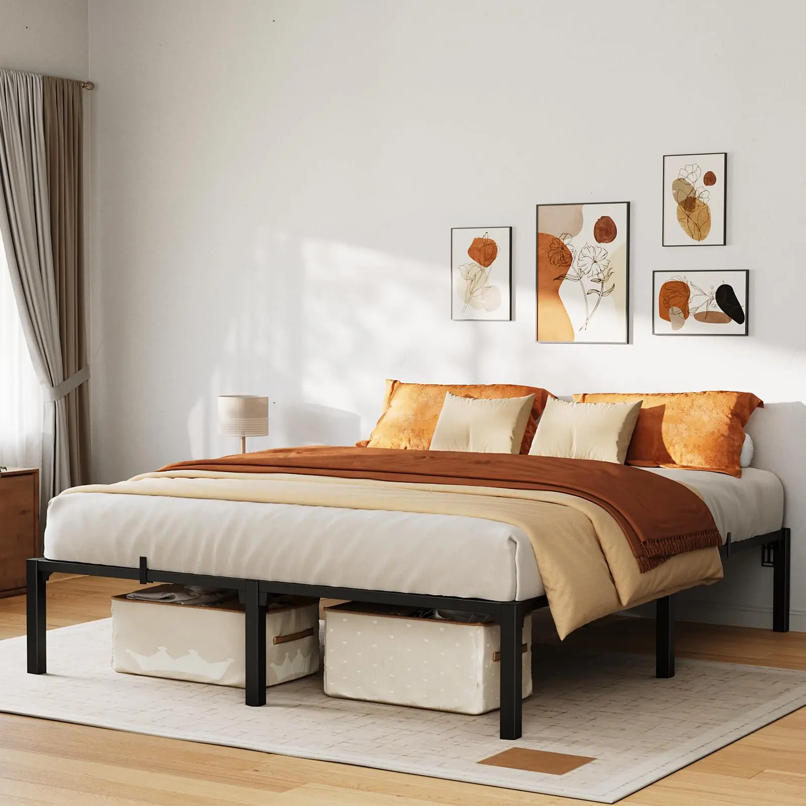 14-In Heavy Duty Iron Double Floor Bed Frame - Tool-Less DIY Assembly, Reinforced Steel Slats, 12" Under Bed Storage, Stable Anti-Slip & Noise-Free Legs, Eliminates Box Spring Costs, 800 lbs Capacity for Apartments