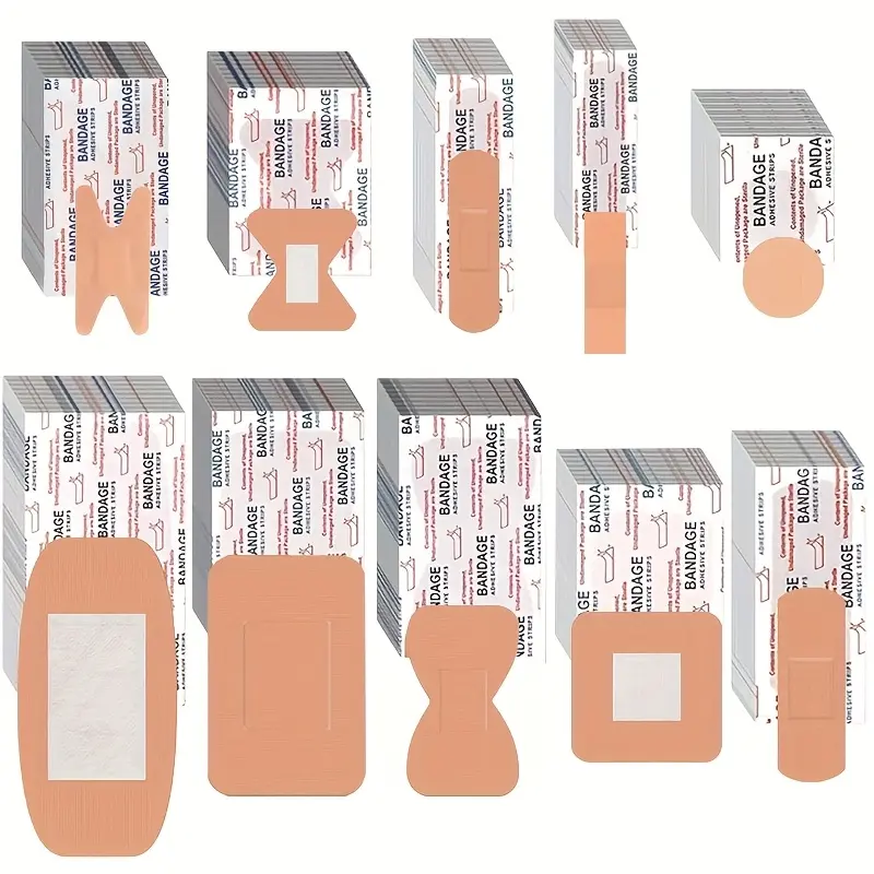 200pcs/100pcs Bulk Assorted Plasters - Waterproof, Flexible Adhesive Bandages for Wound Care, 10 Shapes FDA Compliant First Aid Kit Refill, 100/200 Pcs