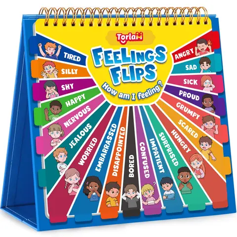 Torlam Unisex Social Emotional Flipbook for Young Learners - Laminated Language Toy with Tabs, 10 Different Empathy Scenes, 20 Diverse Feelings, Mood Chart, Calm Down Corner Supplies, Visual Learning Tools for Emotional Regulation, Parents’ Support