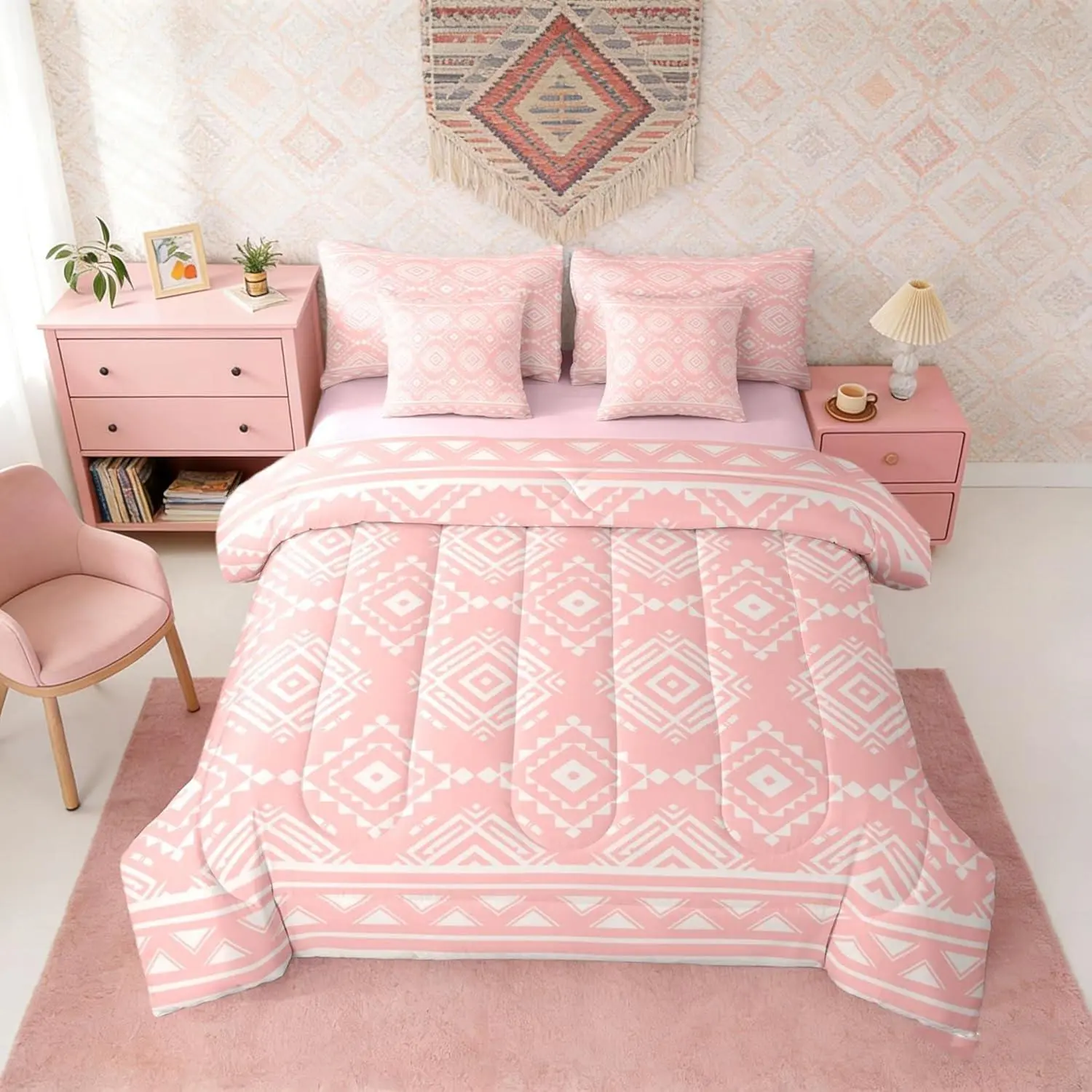 Pink Southwestern Bedding Set Exotic Tribal Aztec Comforter Set 7 Piece Western Geometric Bohemian Bed in A Bag Women Rustic Ethnic Nordic Style Quilt with Flat Fitted Sheet
