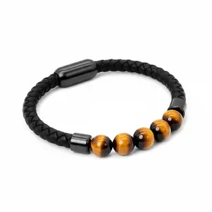 VOGCOME Tiger Eye Bead Handmade Leather Bracelet for Men Women Natural Healing Gemstone Bracelet for Meditation Yoga Spiritual Healing & Positive Energy with Metal Coating