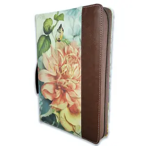 Bible in Spanish for Women with Zipper 12 Point Large Font Reina Valera 1960 Imitation Leather Brown with Floral Index with Handle