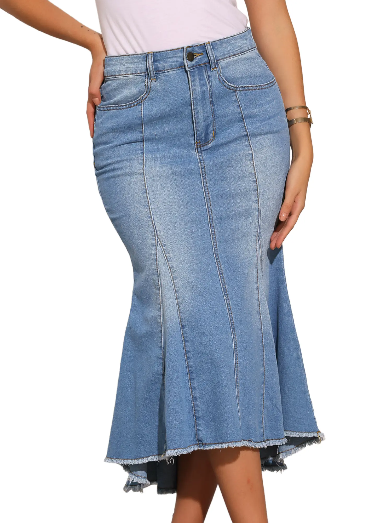 INSPIRE CHIC Women's Washed Fishtail Skirt High Waist Jean Denim Midi Skirt