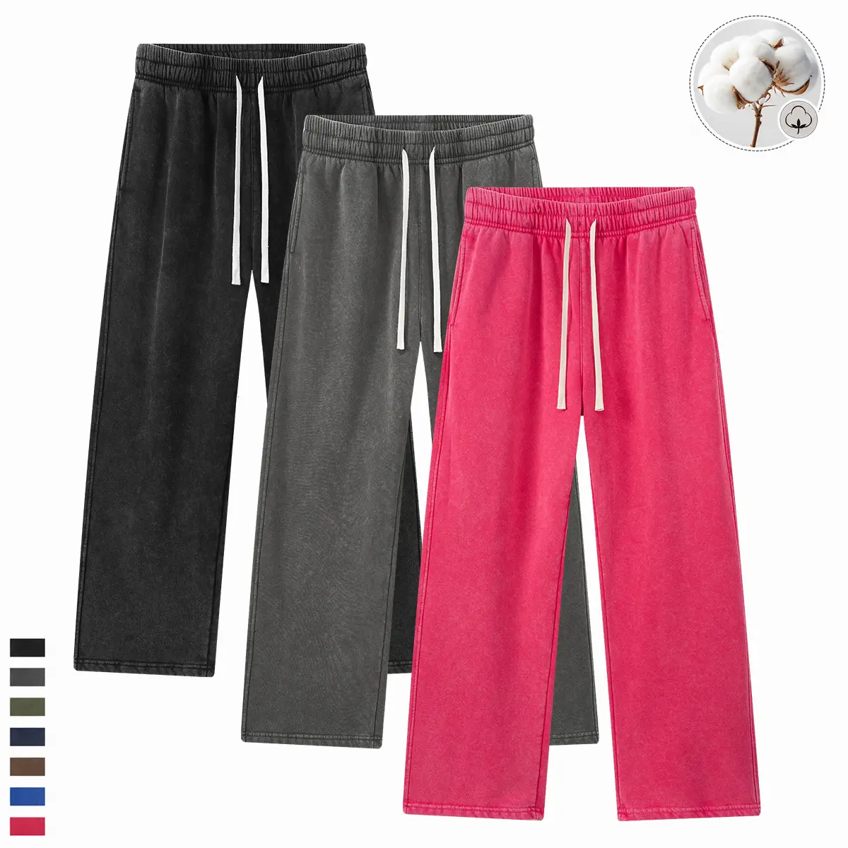 Women’s retro heavyweight cotton sweatpants featuring a “snowflake” texture, straight-leg cut, relaxed fit with a fluid drape—versatile casual long pants