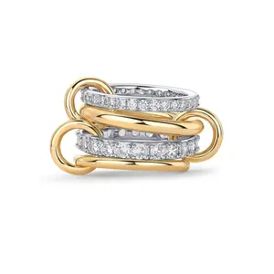 14K Gold Plated Interlocked Stackable Statement Ring for Women – Chunky Multi-Band Double & Triple Ring, Two-Tone Mixed Metals with Cubic Zirconia
