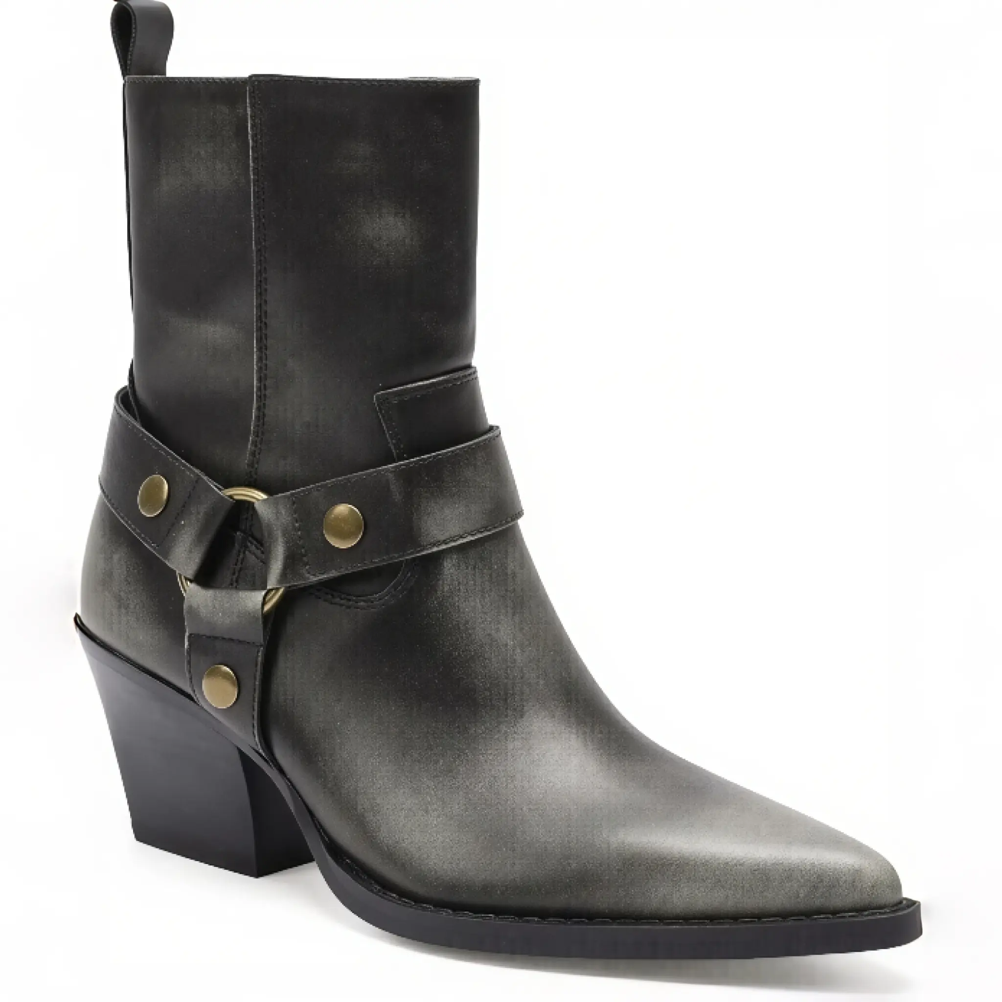 Women's Vintage Classic Leather Western Harness Ankle Booties - Pointed Toe, Buckle Block Heel, Distressed Decor Footwear