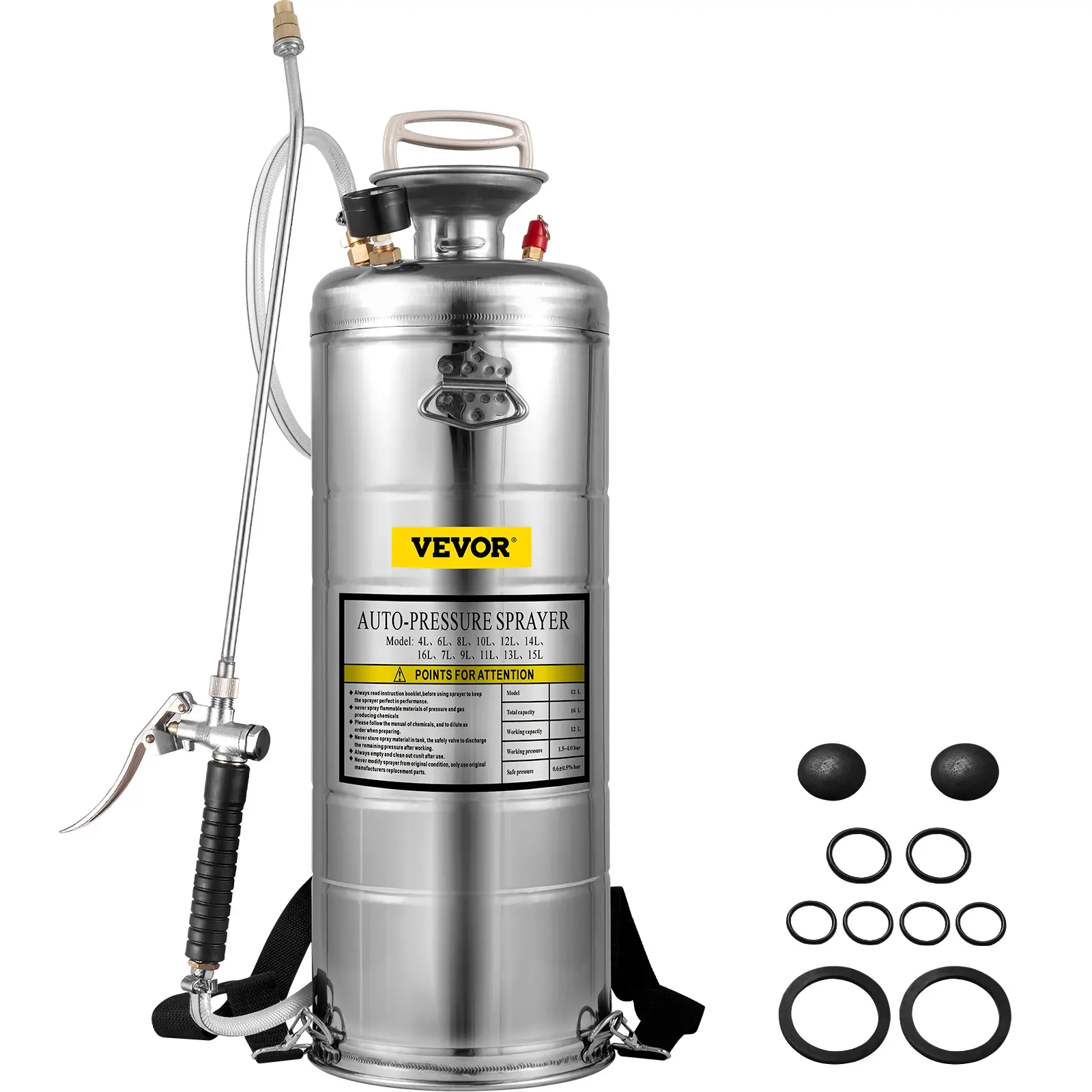 VEVOR 3.5 Gal Durable Stainless Steel Hand Pump Sprayer with Brass Components, Pressure Gauge, Safety Valve, 20-in Wand Handle, 3-ft Reinforced Hose, Adjustable Nozzle, Convenient Carrying for Gardening, Pesticides Spray [DealsForYouDays]