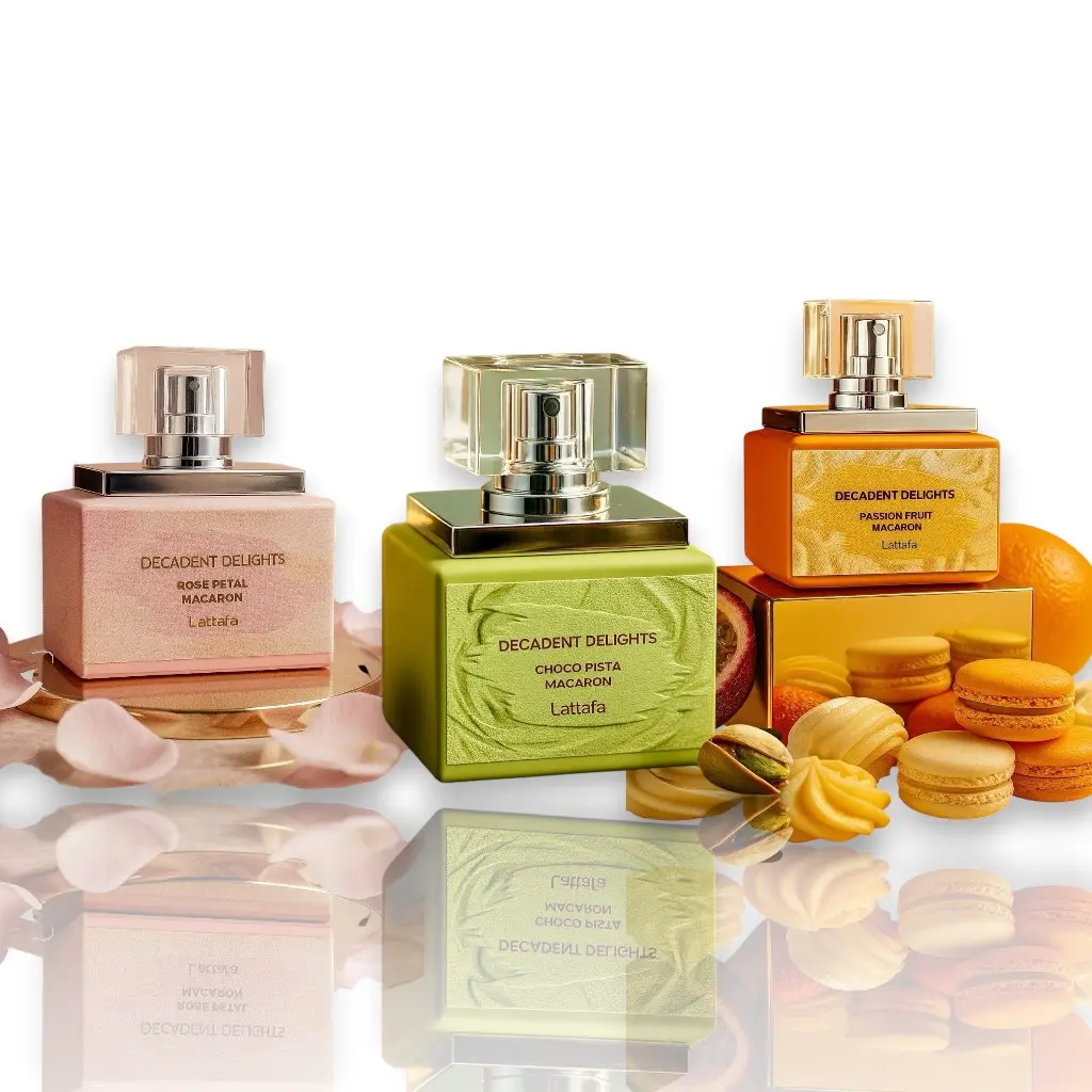 Lattafa Decadent Delights Multi-Pack EDP, 50 ML Unisex Alcohol Base Fragrance Bundle with Choco Pista, Rose Petal, Passion Fruit Macarons & Vanilla, Pistachio-Lychee, Tonka Bean Notes for Dessert Vibes