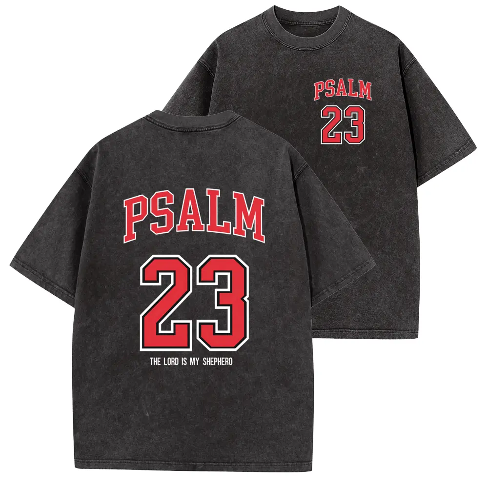 PSALM 23 Christian Menswear Short-Sleeve Round Neck T-Shirt, 230 Heavyweight Pure Cotton Vintage Retro Washed Double-Sided Printed Casual Crewneck, High-Quality Christian Gift for Men & Women