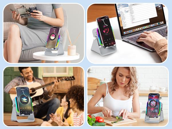 [SummerWins] 5-in-1 Wireless Induction Audio & Bluetooth Speaker with Phone Holder, 3500mAh Rechargeable Emergency Power Bank, 8 RGB Ambient Light, 360° Adjustable Mobile Tablet Stand– Gifts for Friends, Family