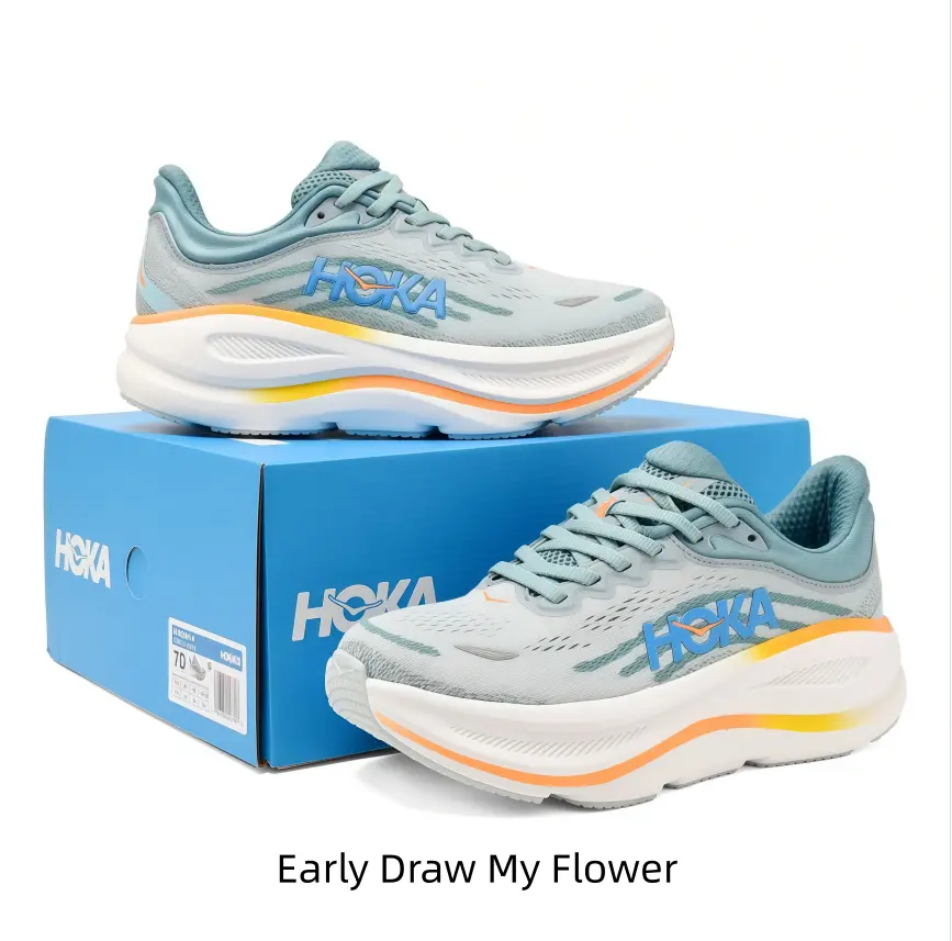 Pale cyan upper running shoes with gradient warm stripes add bright touches to casual outfits for summer street shots and daily outdoor walks
