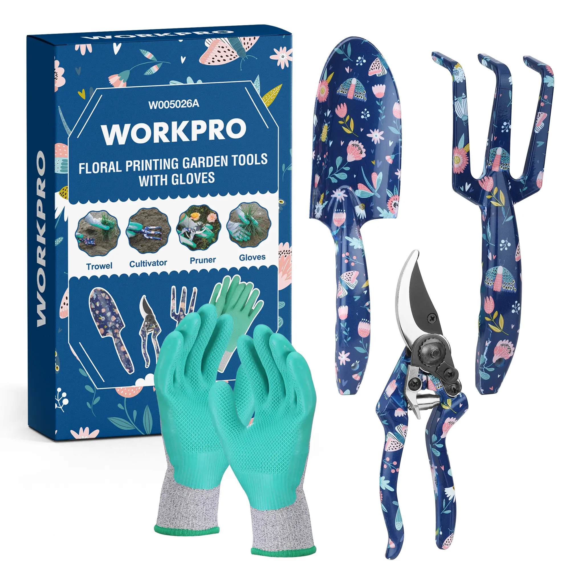 #Summersales WORKPRO Aluminum Garden Tool Set, Hand Garden Tools with Box | Heavy Duty, Include Trowel, Rake, Pruner, Garden Gloves, Floral and Insect Printing, Garden Gifts