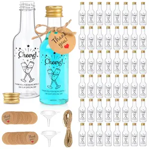 50 Pack Baby Shower Mini Liquor Bottles, 1.7oz/50ml Empty Plastic Shot Bottles with Gold Screw Caps Funnels Tags & Twines for Juice Wine Alcohol Juicing Ginger Shots Gender Reveal Party Favors